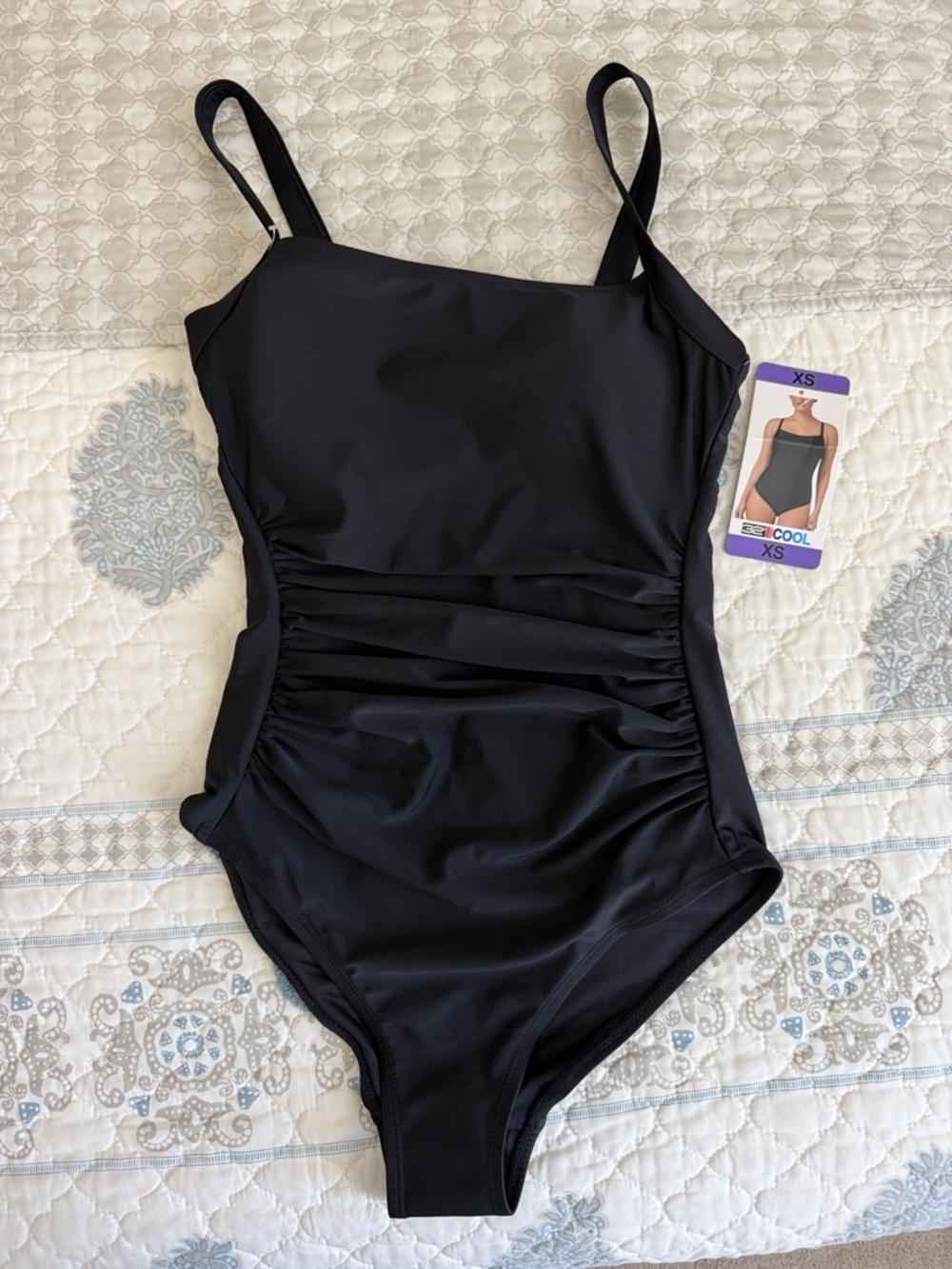 Sleek Black Ruched One-Piece Swimsuit - Brand:
